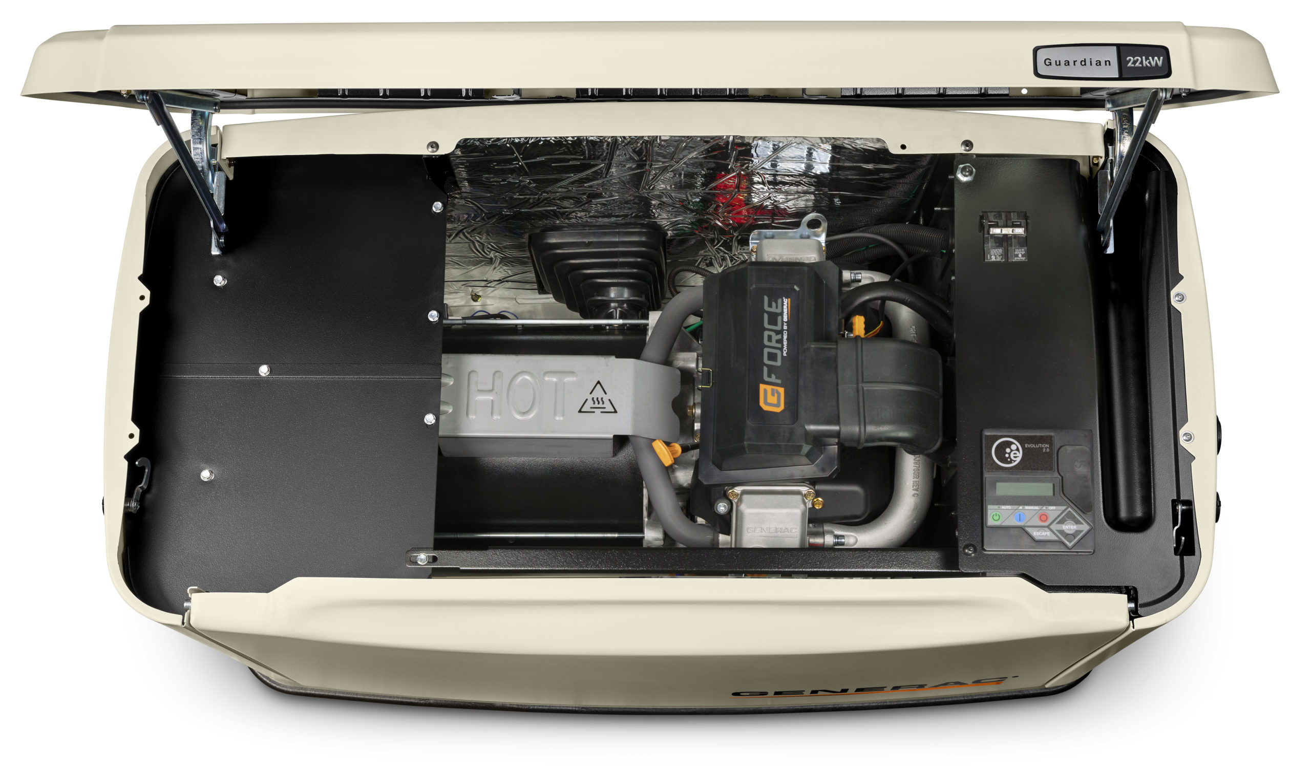 Open standby generator showing internal components and control panel
