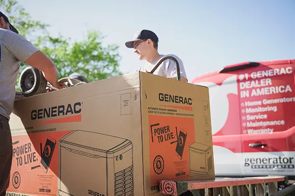 Generac generator boxes being transported near a Generator Supercenter vehicle
