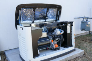 Open home standby generator installed beside a wall with gas meter nearby