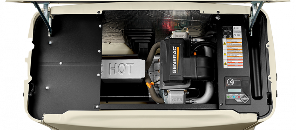 Close-up view of a standby generator engine compartment