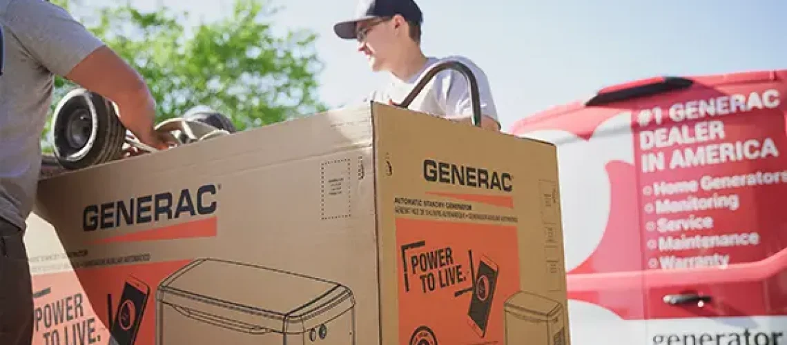 Generac generator boxes being transported near a Generator Supercenter vehicle